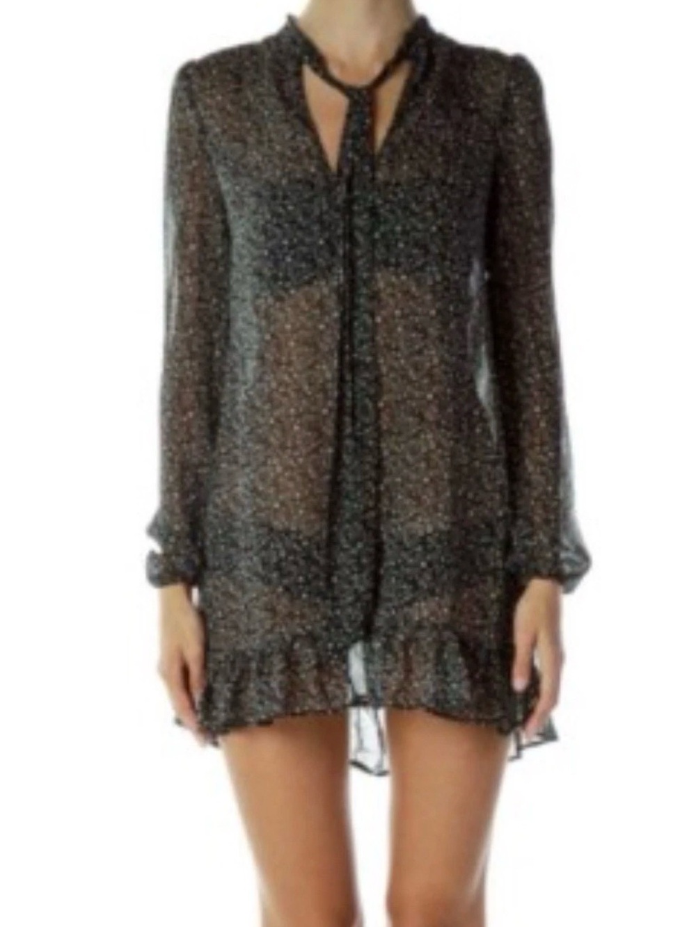 Free People Women’s Sheer Tunic Dress Black With Baby Floral Print Tie Neck XS